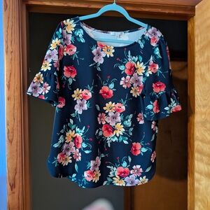 Floral Ruffle Sleeve Top - Navy with Coral & Yellow Flowers